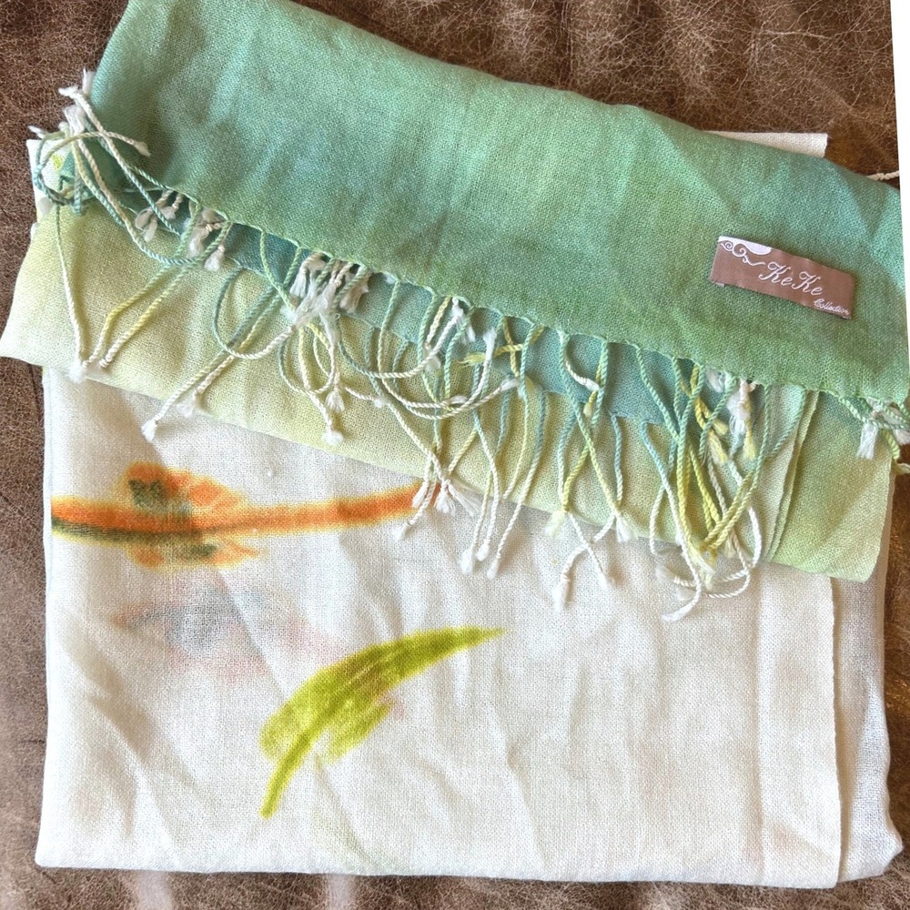 Green White Feather Print Coastal Boho Scarf Fringe Trim Wrap KeKe Collection